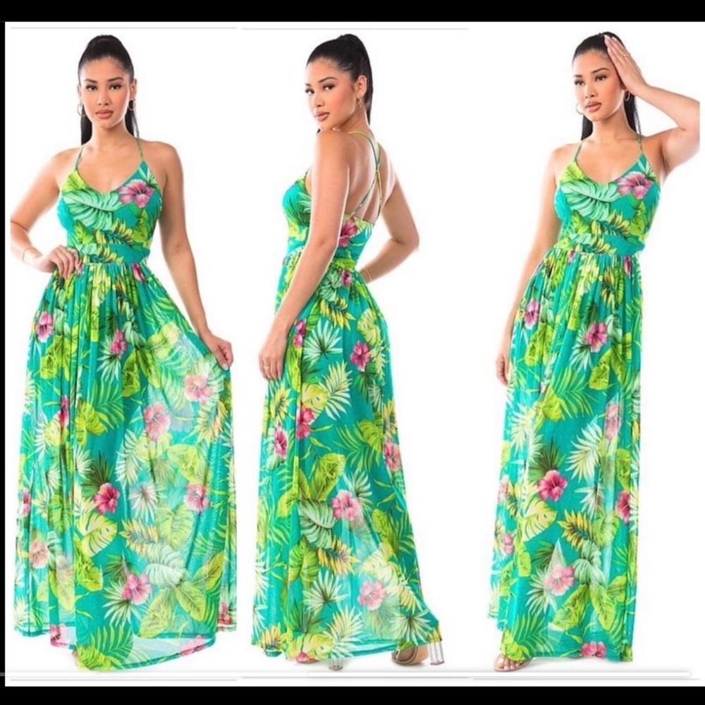 SHEER MESH TROPICAL MAXI-DRESS